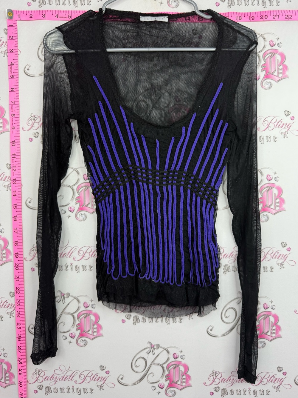 ETHIS shirt mesh Sheer Black Long-Sleeve Top with Purple Stripe Accents